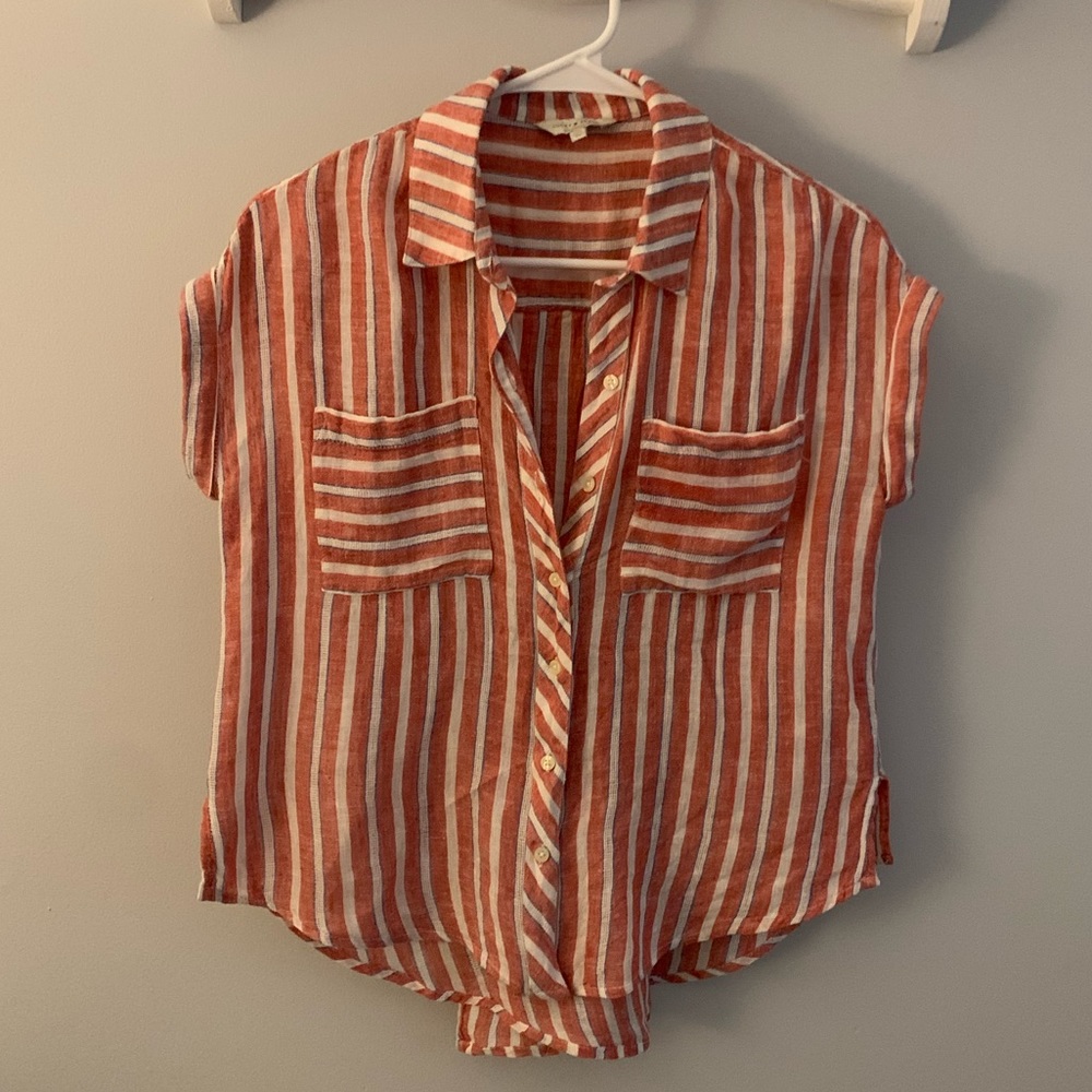 Orange/coral striped button down blouse